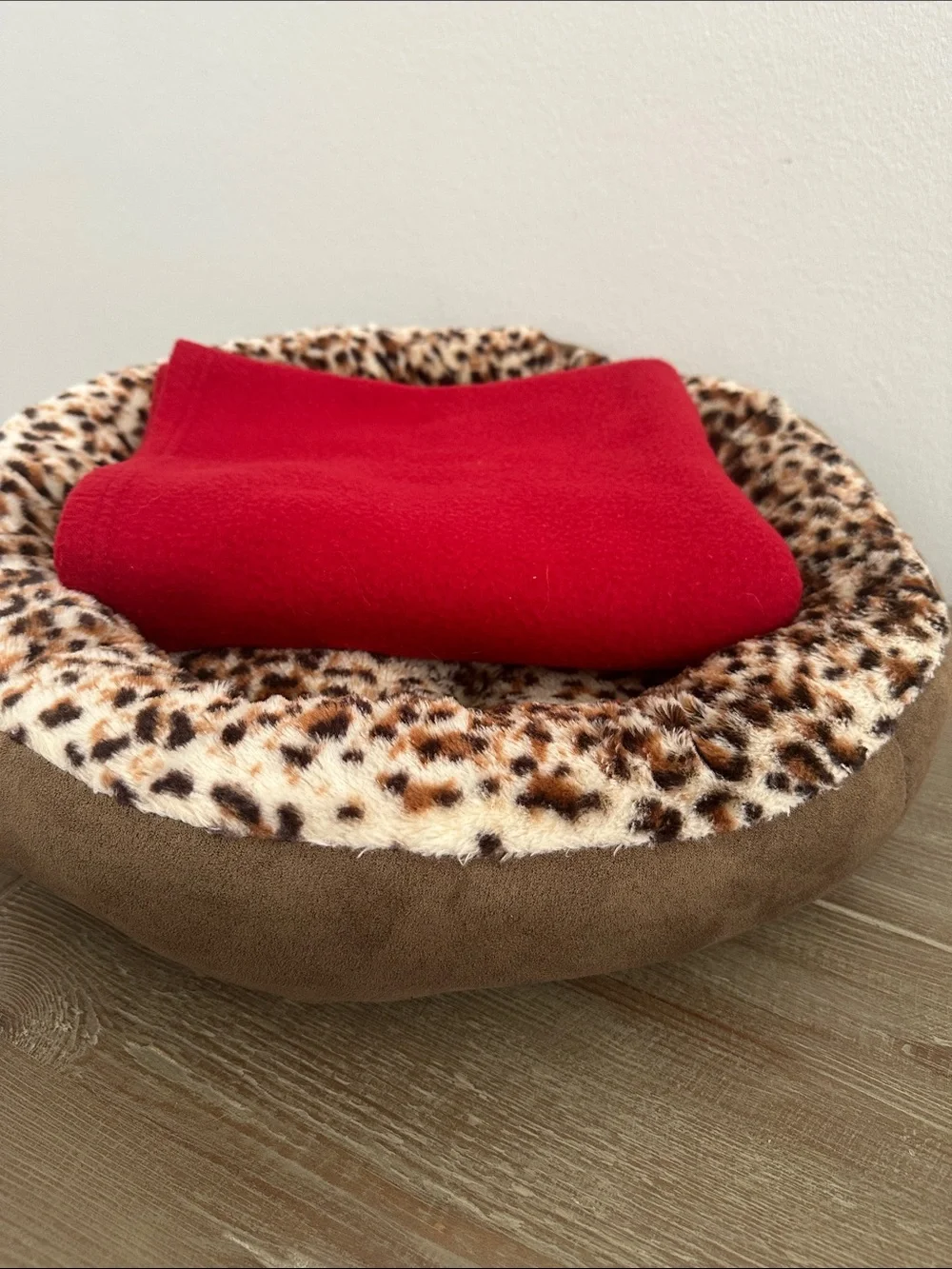 Leopard Print Doggy Bed with Red Fleece Blanket
